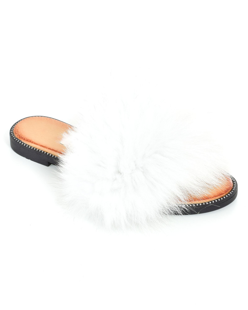 Skórzane damskie klapki z białym futrem lisa