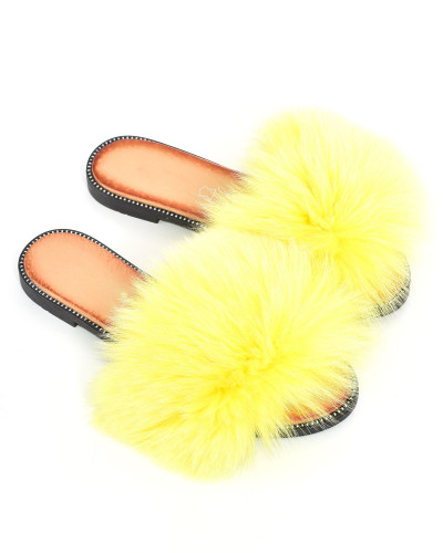 Skórzane damskie klapki z żółtym futrem lisa