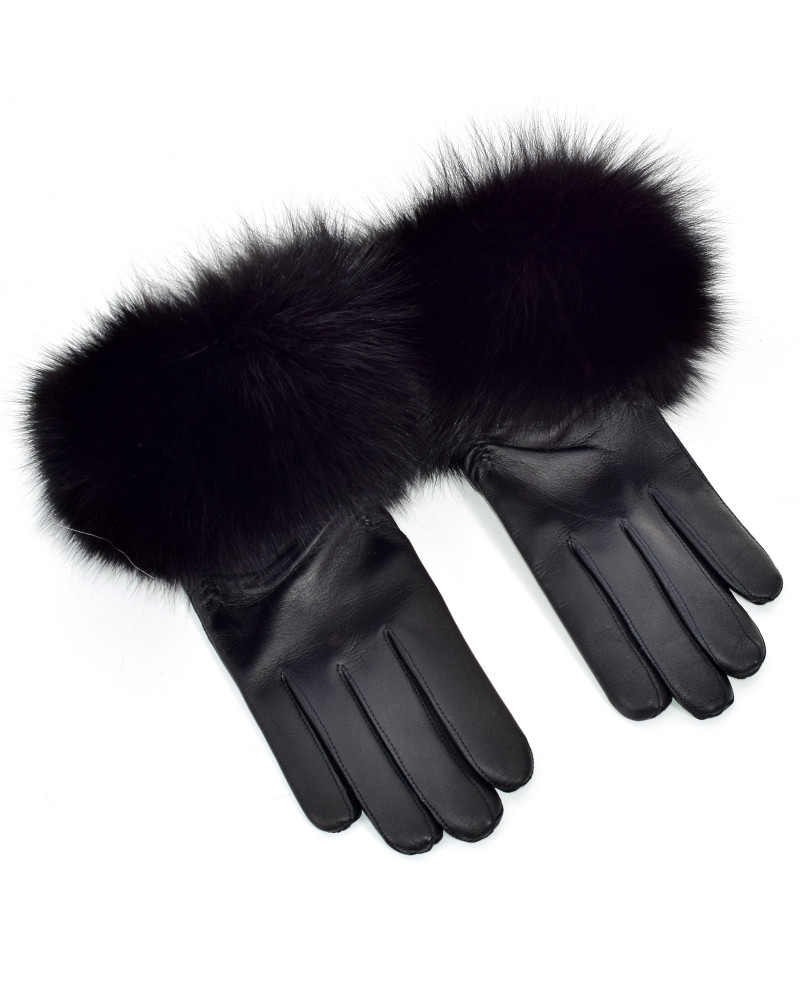 Damskie rękawiczki skórzane z futrem lisa czarnego