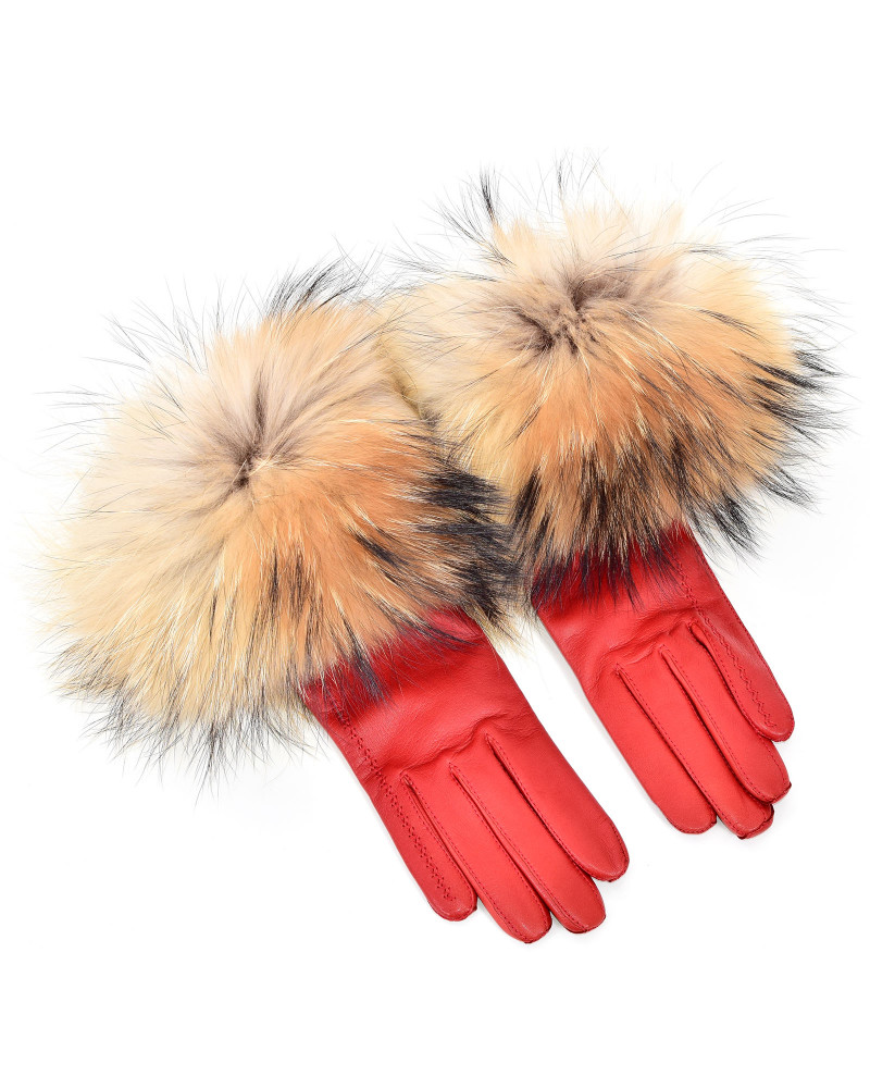 Damskie czerwone rękawiczki skórzane z futrem jenota
