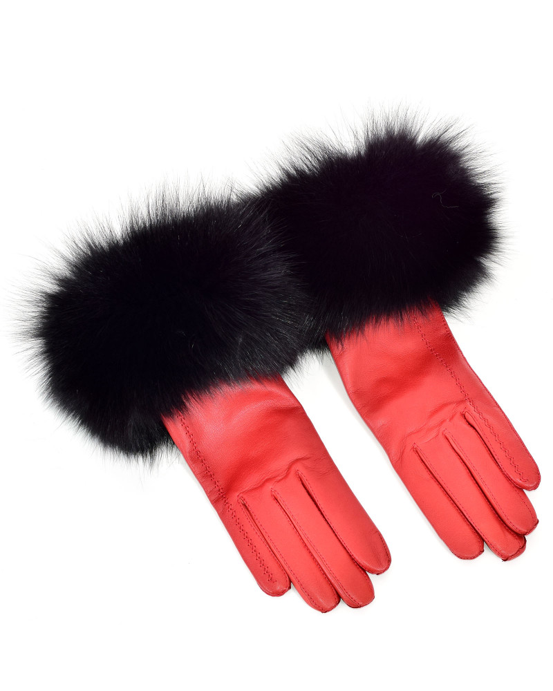 Damskie czerwone rękawiczki skórzane z futrem lisa czarnego
