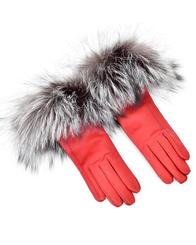 Damskie czerwone rękawiczki skórzane z futrem lisa srebrnego