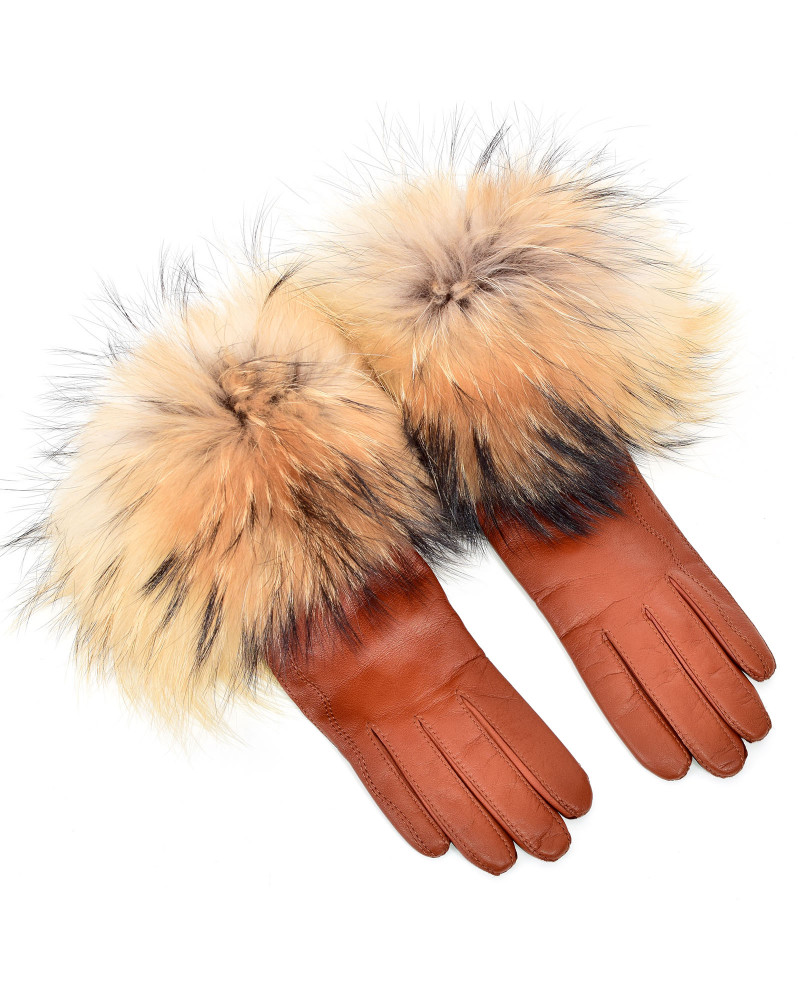 Damskie rude rękawiczki skórzane z futrem jenota