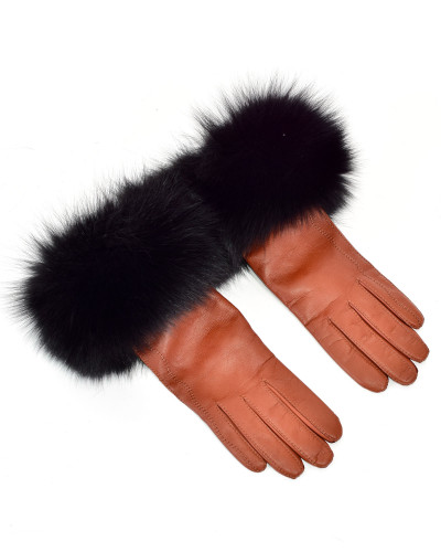 Damskie rude rękawiczki skórzane z futrem lisa czarnego