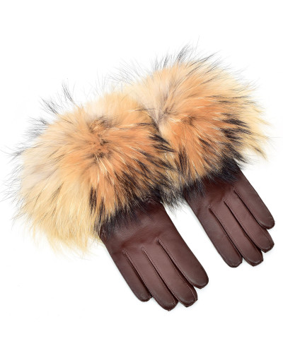 Damskie brązowe rękawiczki skórzane z futrem jenota