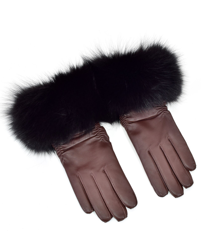 Damskie brązowe rękawiczki skórzane z futrem lisa czarnego