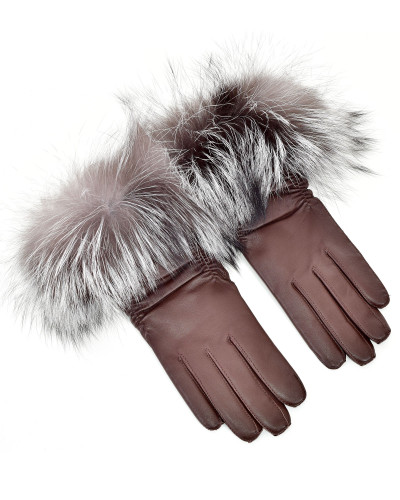 Damskie brązowe rękawiczki skórzane z futrem lisa srebrnego