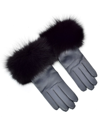 Damskie grafitowe rękawiczki skórzane z futrem lisa czarnego
