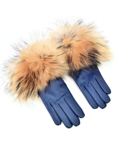 Damskie niebieskie rękawiczki skórzane z futrem jenota