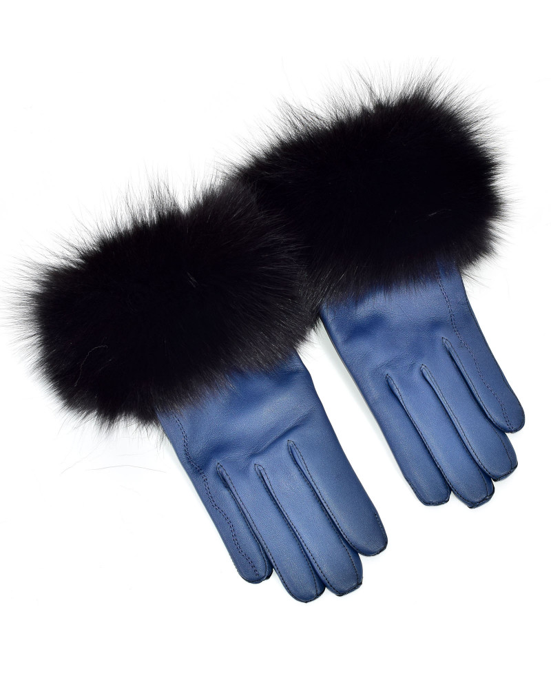 Damskie niebieskie rękawiczki skórzane z futrem lisa czarnego