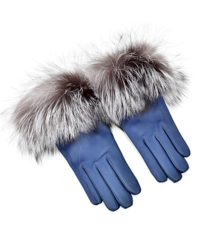 Damskie niebieskie rękawiczki skórzane z futrem lisa srebrnego