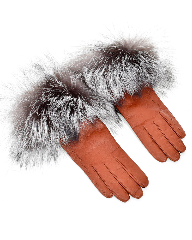 Damskie rude rękawiczki skórzane z futrem lisa srebrnego