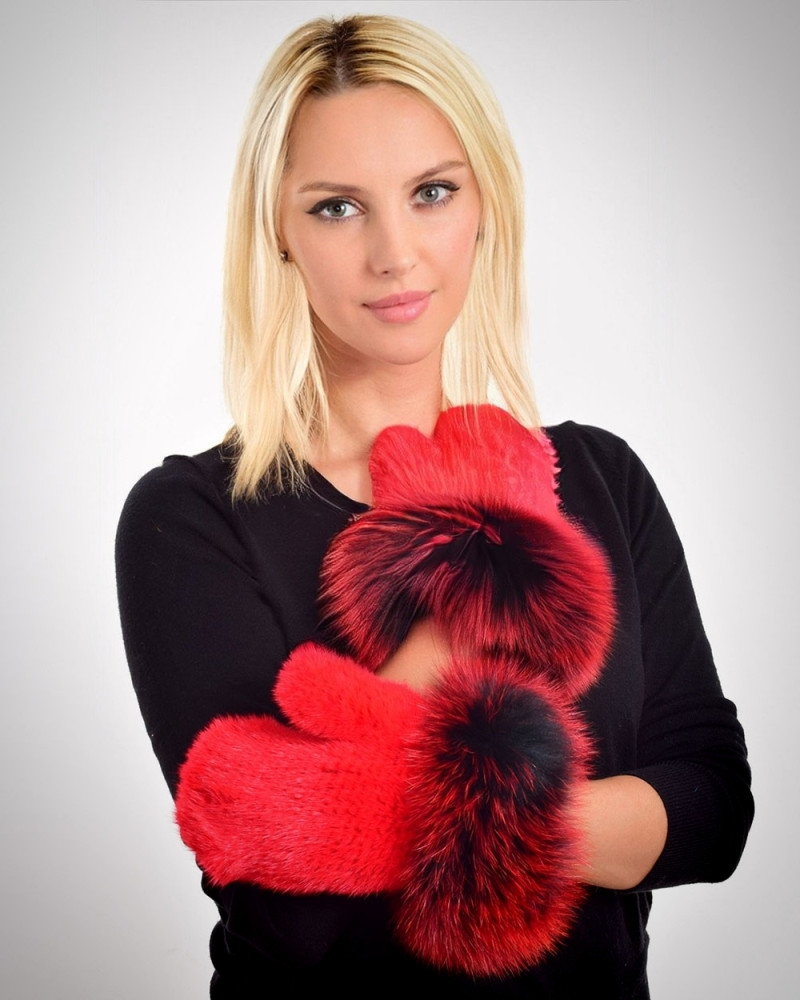 Rękawiczki futrzane z norki, czerwone