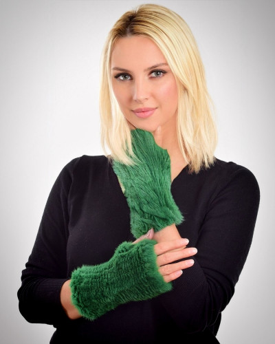 Rękawiczki bez palców z futra norki, zielone