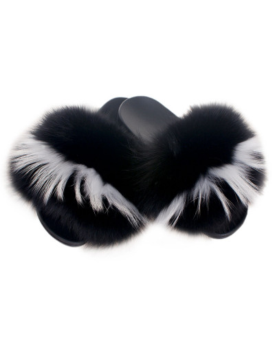 Damskie klapki z czarno-białym futrem