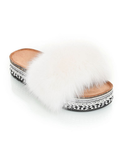 Damskie klapki na platformie z białym futrem lisa